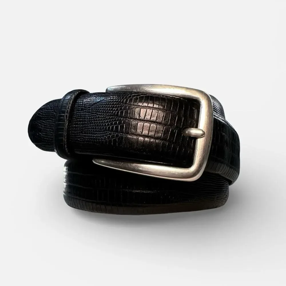 Roundtree & Yorke Black Crocodile-Embossed Italian Calfskin Solid Brass Belt